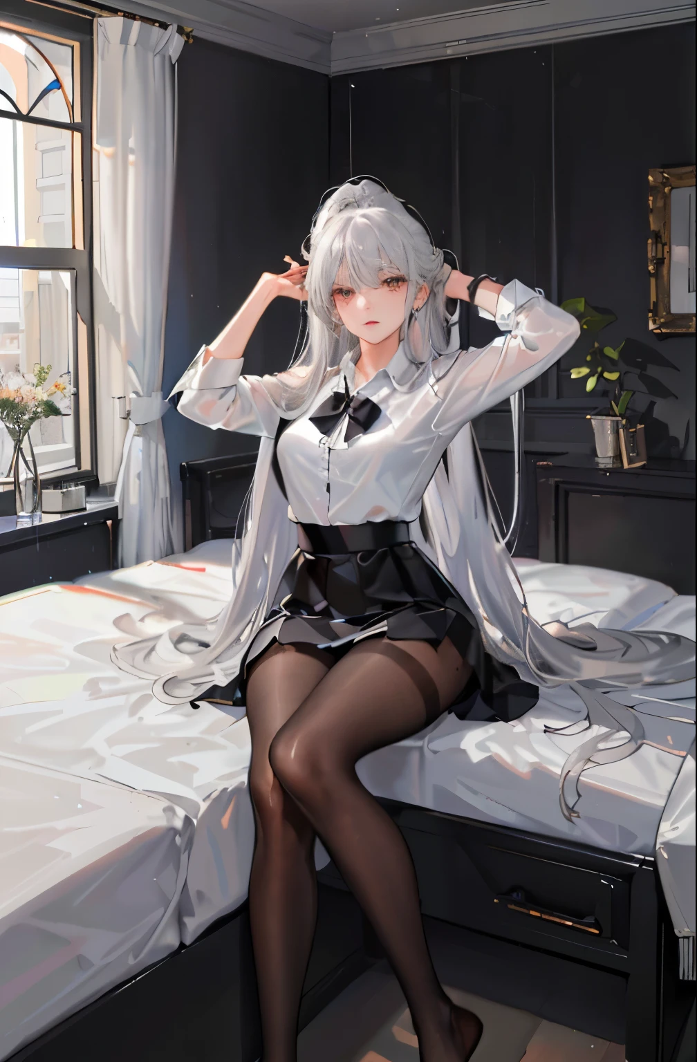 (((1 girl)),Ray tracing,(dim lights),[Detailed background (bedroom)),((silver hair)),((silver hair)),(Fluffy silver hair, plump and slim girl))) high ponytail))) Avoid golden eyes in the ominous bedroom ((((girl wearing a white shirt, Black wrinkled skirt with black transparent pantyhose), Show off your exquisite figure and graceful curves, correct limbs, sitting on bed，Put your hands behind your head, put your hands on，Pull your legs apart