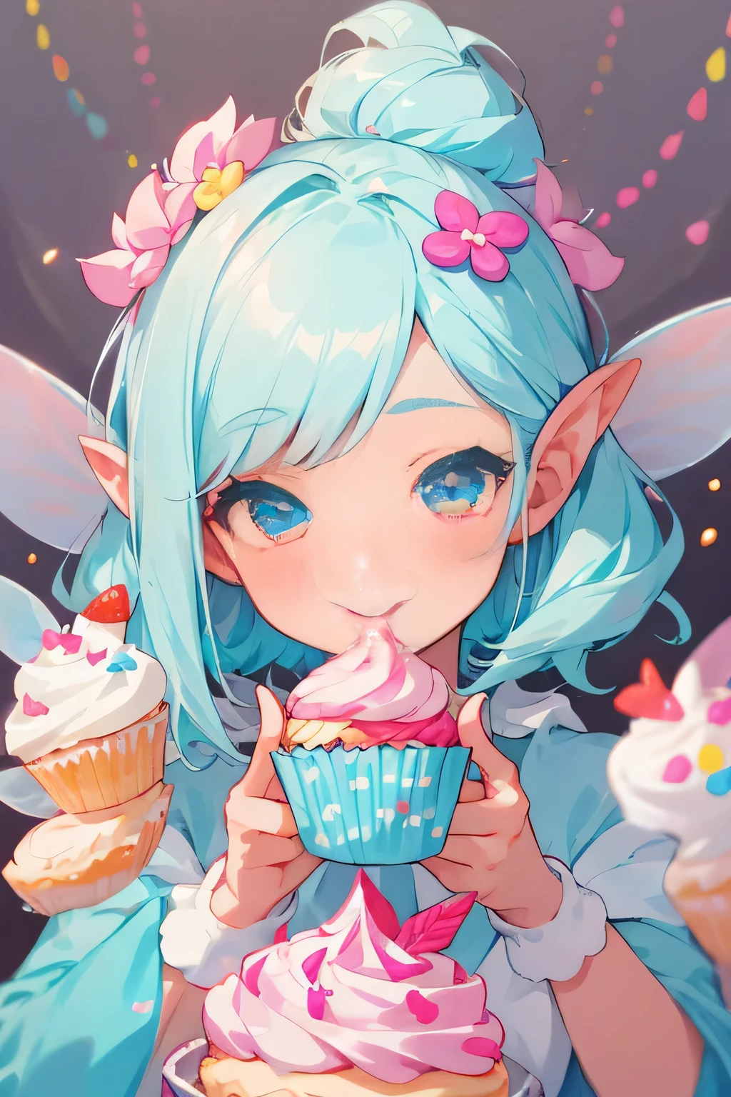 highest quality、High resolution、8K、cute beauty、detailed background、beautiful and detailed face、beautiful and smooth skin、skin texture、Multiple little fairies、(three fairies)、
Cupcakes featuring frosting and colorful toppings、Sweets with a cute design that you can enjoy。
Tart topped with colorful fruits、Sweets that look gorgeous and cute。
Look at me happily、Eat happily