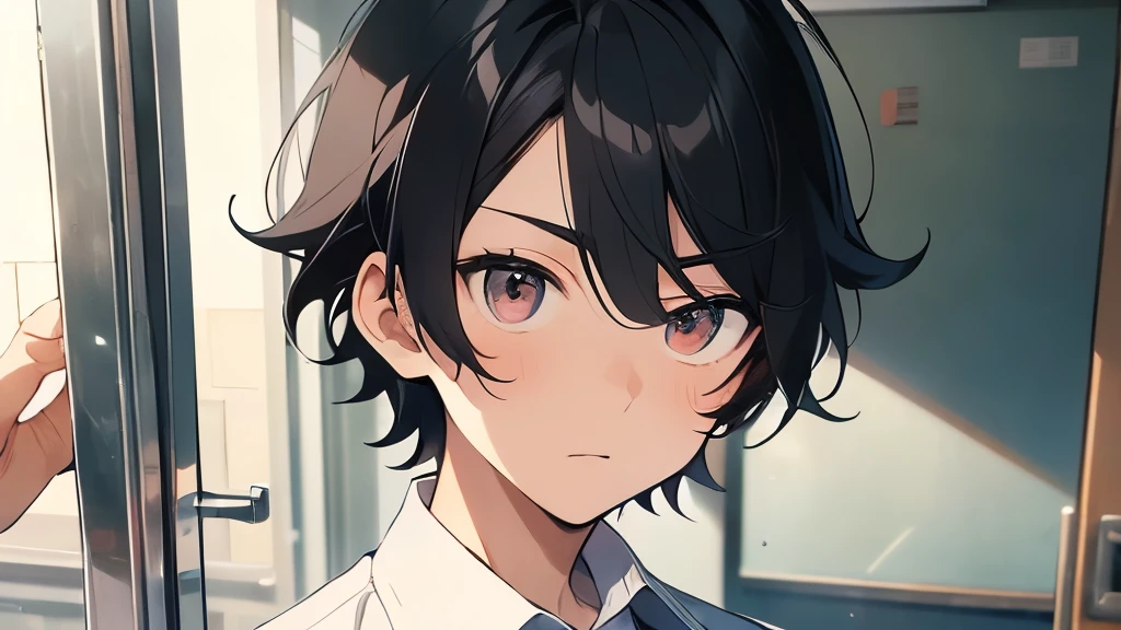 Forehead is exposed、male、Hair is black、high school student、１6歳のmaleの子、hair is short、gloomy image、white cutter shirt、Summer School Uniform、eyes are black、opening the classroom door、He&#39;s very handsome. He looks surprised.