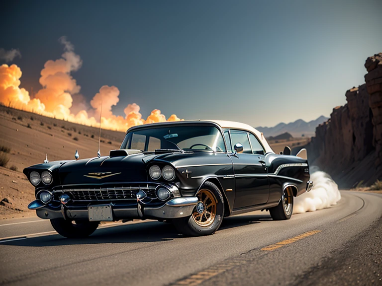 1959 Chevrolet Bel Air limousine convertible skidding on the road, accelerating and smoking the rear tires , sujo, estragado, quebrado, amassado, wrecked, estilo madmax, Post-apocalypse environment, em uma estrada no meio do deserto quente, tem uma mulher dirigindo este carro, o carro possui RODA ESTRELA, RODA LARGA E EFEITO DE RODA GIRANDO, COLOR BLACK METALLIC, Headlights on, VIDROS ESCUROS OPACOS, DETALHES EM COR DOURADO, FRISOS EM COR DOURADA, The car is on fire, It's on fire, queimando, pegando fogo no motor, chamas lindas e fortes, fire on engine, fogo em toda parte, COLOR BLACK METALLIC