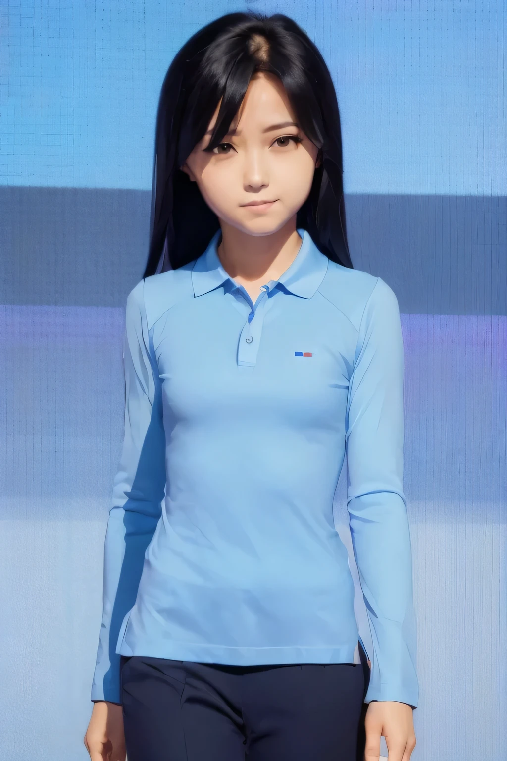 (((pixel perfect, Perfection with attention to detail))), Big eyes, alone, 1 girl, Chihaya Kisaragi, (black hair), Idol, looking at the viewer, smile, break (flat chest:1.5), (light blue long sleeve polo shirt, Dark blue slacks)