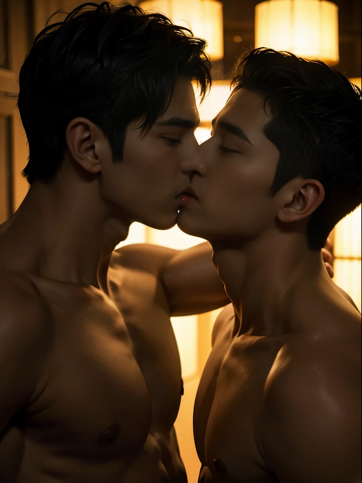 two men, boyfriends, kiss,, flashlight, termplo in the background, body defined, beautiful<, oriental, realistic, cinematic, high quality, 16k, best quality, high details, super detail, half body shot.