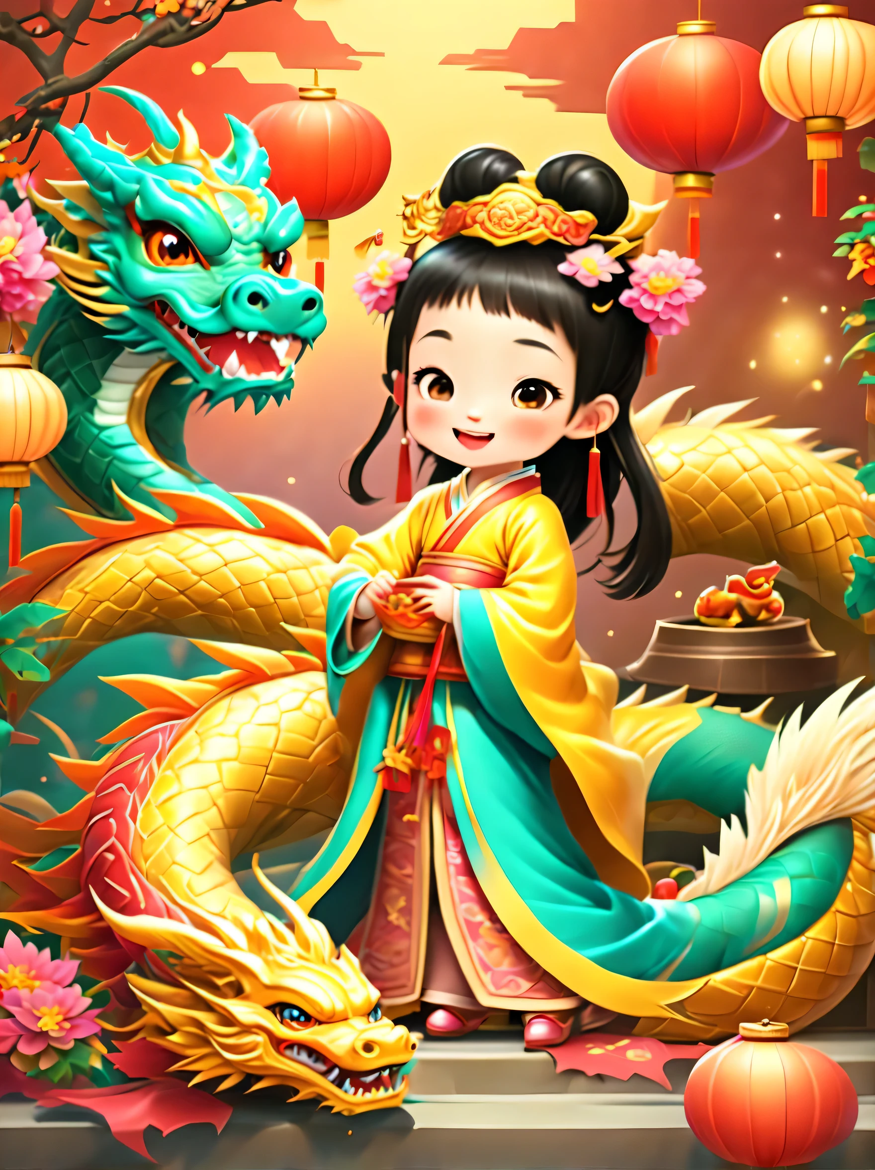 happy and festive scene，Cute and lively five year old ancient Chinese princess hugging furry stuffed toy, little dragon in chinese mythology. Both fell asleep peacefully. Festive decorations enhance the background, Such as lanterns, Colorful banners, and traditional Chinese patterns, Symbolizes festivity and happiness. This scene, Rich in ancient Chinese cultural elements, Capture the feeling of joy and festivals, Make the moments between princess and dragon even more adorable and magical, (floral watercolor painting:1.5), (Ultra-high saturation, The colors are bright and vivid: 1.5), (National Science Foundation), (for the audience: 1.5)