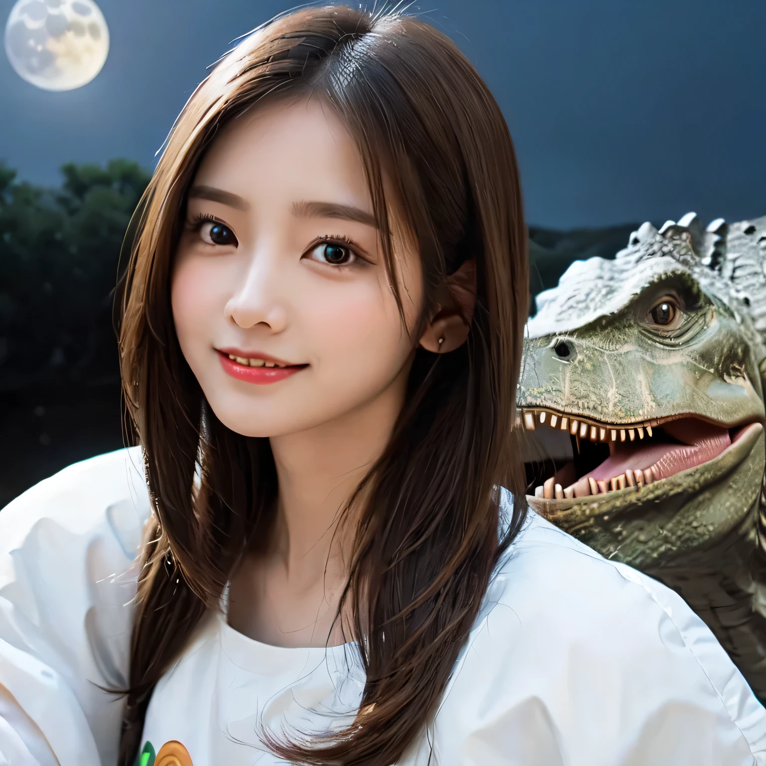 (Girl and a dinosaurs on the moon:1.5) ,(landing on the moon:1.2),(dinosaurs:1.2),original photography,(ultimate beauty portrait、sparkling skin、1 girl、Smile、Bright expression brown hair、Big eyes sparkling like gems、Harajuku、24 year old beautiful girl),space suit,Flag of China ，Very detailed