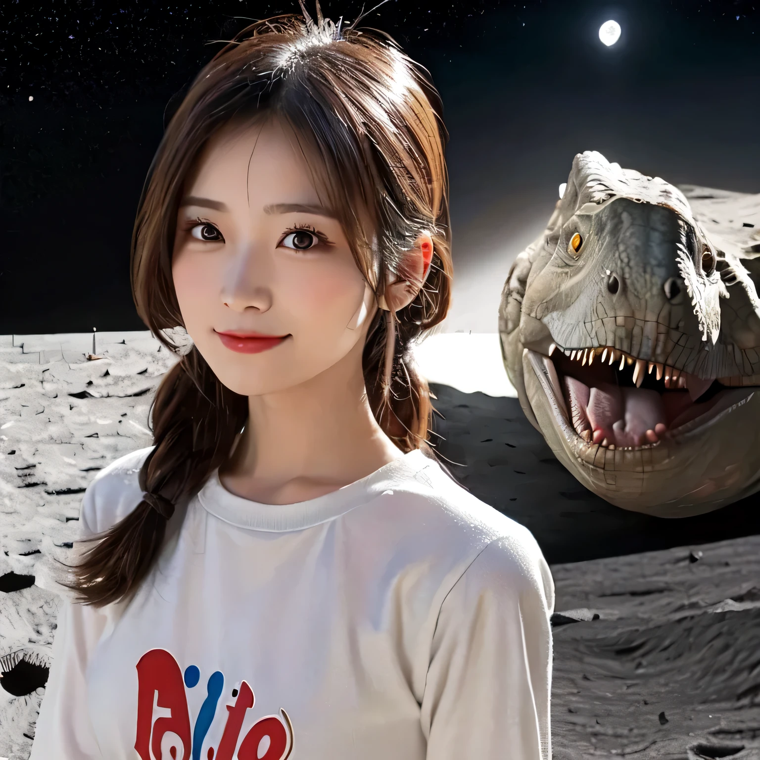(Girl and a dinosaurs on the moon:1.5) ,(landing on the moon:1.2),(dinosaurs:1.2),original photography,(ultimate beauty portrait、sparkling skin、1 girl、Smile、Bright expression brown hair、Big eyes sparkling like gems、Harajuku、24 year old beautiful girl),space suit,Flag of China ,Very detailed