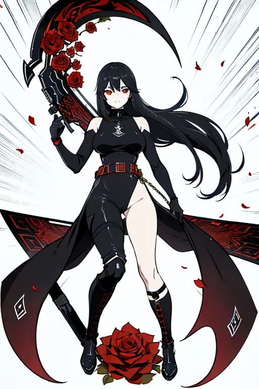 female, black hair, long hair, black turtleneck bodysuit, red eyes, red rose petals, highres, absurdres, 8K, masterpiece, looking at viewer, nsfw, snow, big waist, holding scythe
