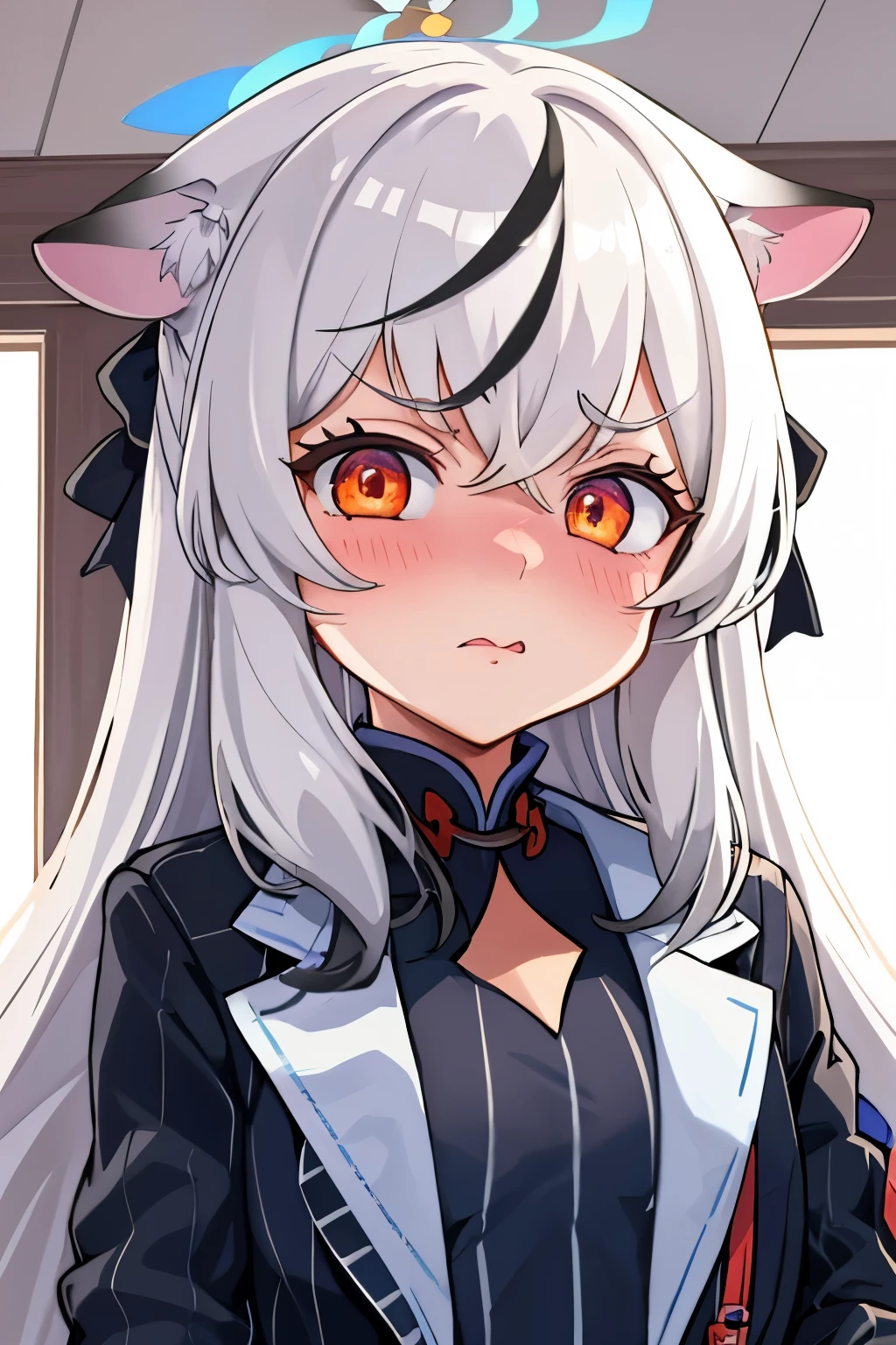 1girl, kokona, indoors, orange eyes, white hair, :3 mouth, embarrassed, beautiful eyes, beautiful lips, shiny lips, extremely detailed eyes and face, long eyelashes, close-up, warm lighting, vibrant colors, looking at the viewer, embarrassed look, blush, Winter suit, winter wonder
