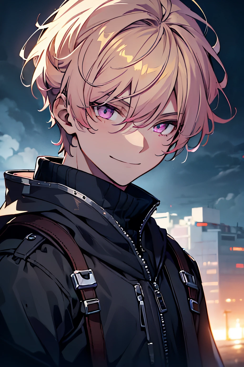 masterpiece, best quality, ((((1boy)))), (colorful),(finely detailed beautiful eyes and detailed face),cinematic lighting,extremely detailed 8k wallpaper, sky, cloudy_sky, building, moonlight, moon, night, (dark theme:1.3), light, fantasy, (((Only one character))), 1 boy, male, (((yellow hair))), (((Pink eyes))), Medieval but technological, Serene expression, ((Smile))