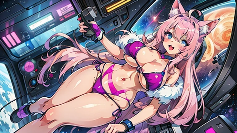 futuristic girl, purple colored eyes, space, purple hair, pink hair, long hair, furry, cat ears, tight bikini, huge tits, tanned, anime girl, holding a pink vibrator,