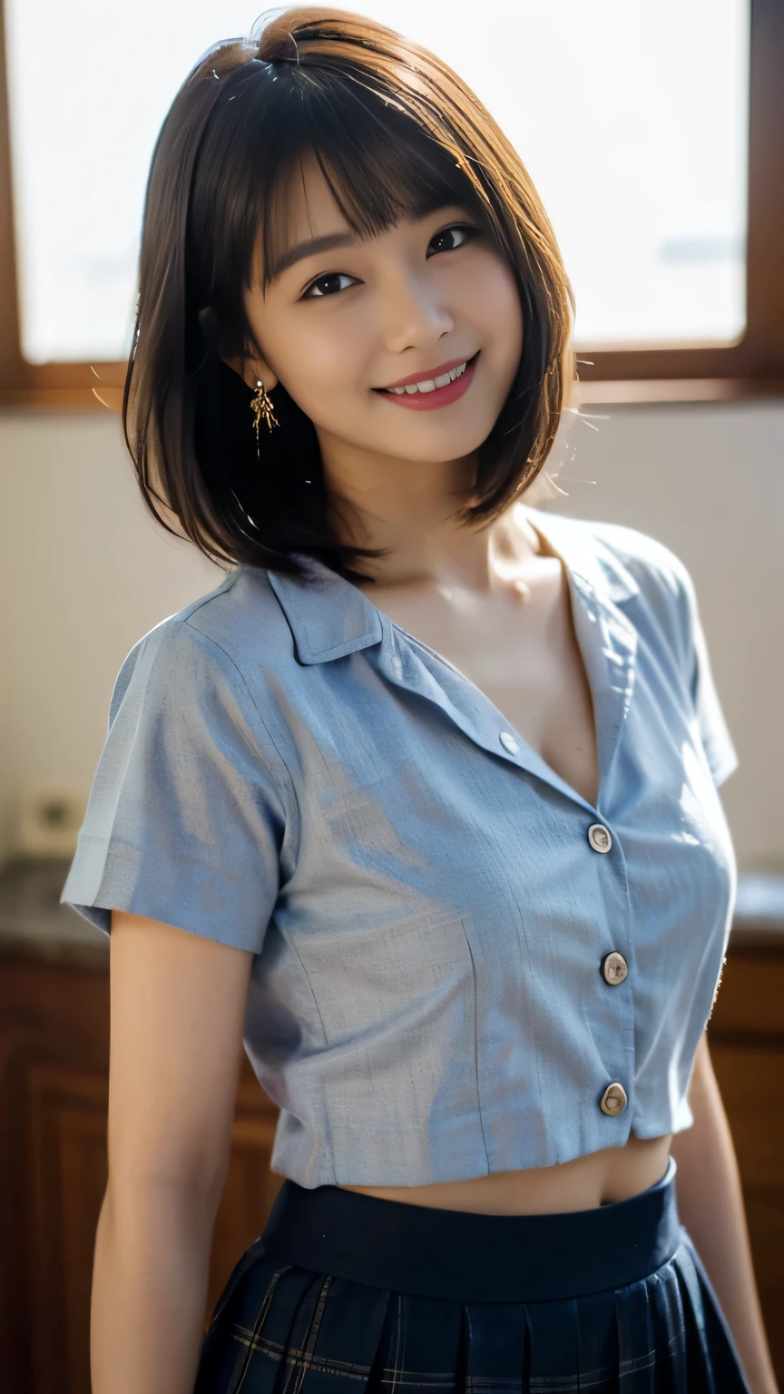 face and body facing toward the viewer、Navy plaid pleated mini skirt、Plump high school girl、(white sleeveless blouse)、、Cute 18 years old、((masterpiece、Highest image quality))、Ultra-fine illustration、1 girl、(Plump:1.0)、wavy hair、apricot colored hair、short bob hair、pin the bangs back、earrings、shiny skin、(Glitter pupil:1.2)、blue eyes、(make:1.0)、(lips:1.1)、(cowboy shot:1.2)、(summer school short sleeve uniform:1.1)、cute smile、(body facing towards the viewer)、cleavage、Navel exposure、

