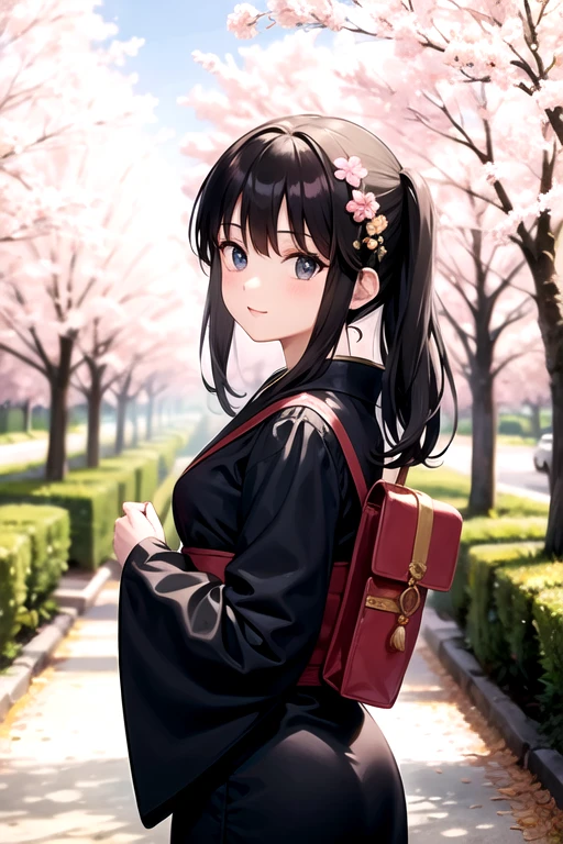 Beautiful, bright, anime style, Japanese cherry tree grove. Pretty girl standing in front