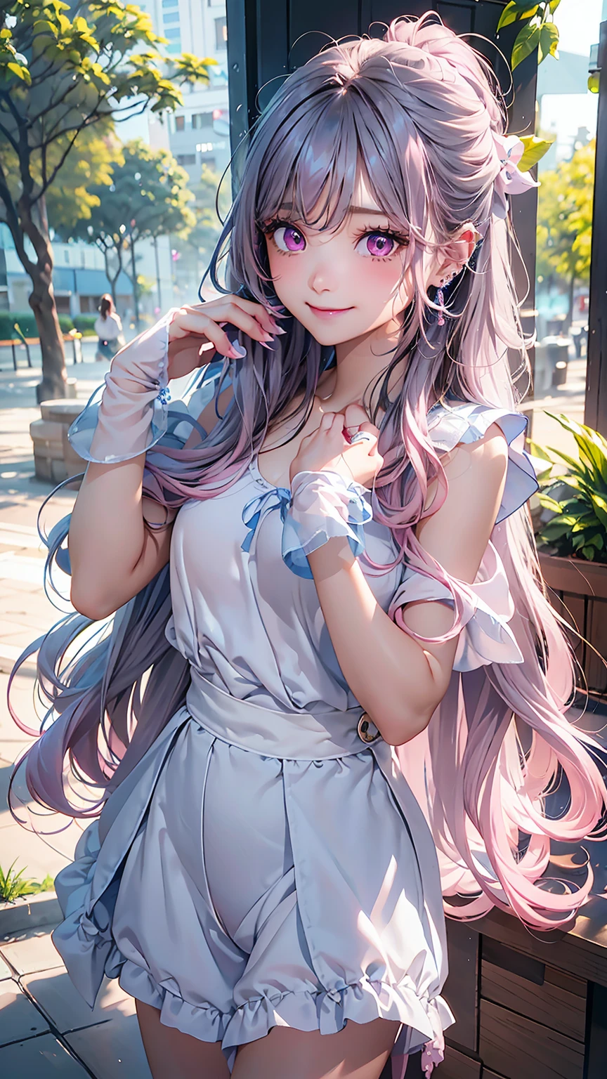 detailed face、long eyelashes、detailed eye、Light blue long hair、wavy hair、ponytail、Woman tying hair、(pink eyes:1.3)、big breasts:1.6、Smiled look、human、earrings、high quality、Gorgeous thighs:1.3、shiny skin、shorts、Short white T-shirt、Lawn Park、clear sky、