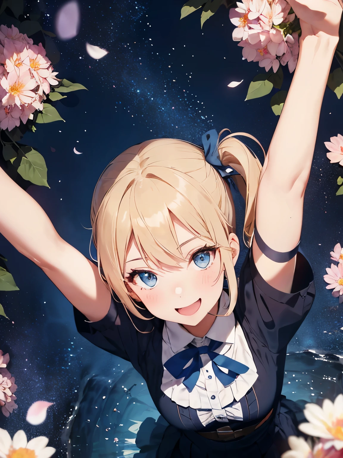 1 girl, 18yo, (flat chest: 1.5), blue eyes, light brown hair, bob cut, summer outfit, smile, open mouth, writing a wish on a strip of paper, upper body, tanabata, many strips of paper are hanging from the bamboo, starry sky, 8k, RAW photo, best quality, masterpiece, extremely detailed 8k wallpaper, ultra-detailed, best shadow, detailed background, beautiful detailed face, beautiful detailed eyes, nice hands, perfect hands