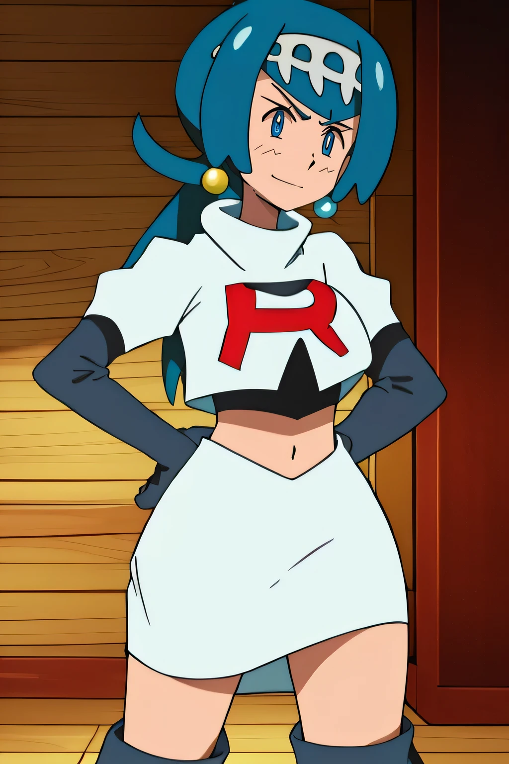 lanamother, long hair, blue hair, white pupils, hair ornament, ,earrings, glossy lips ,team rocket uniform, red letter R, white skirt,white crop top,black thigh-high boots, black elbow gloves, evil smile, hands on hipsteam rocket uniform, red letter r, white skirt,white crop top,black thigh-high boots, black elbow gloves, glaring angrily, looking at viewer, hands on hips, full body seen