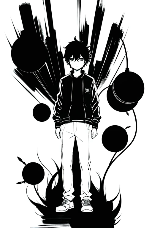 omori artstyle, dark skin, drawing, omori, middle part, bomber jacket, white background, boy, sketch, standing, looking at viewer, black paint in background