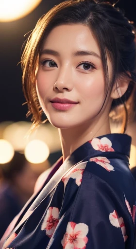 (best image quality、8K)、Looking up in a yukata、RAW photo、realistic、realistic、((The whole body is reflected))、Summer Festival Schedule、night scene、So cute、Beautiful woman、detailed eye、drooling eyes、detailed mouth、detailed nose、beautiful skin、Detailed fingers