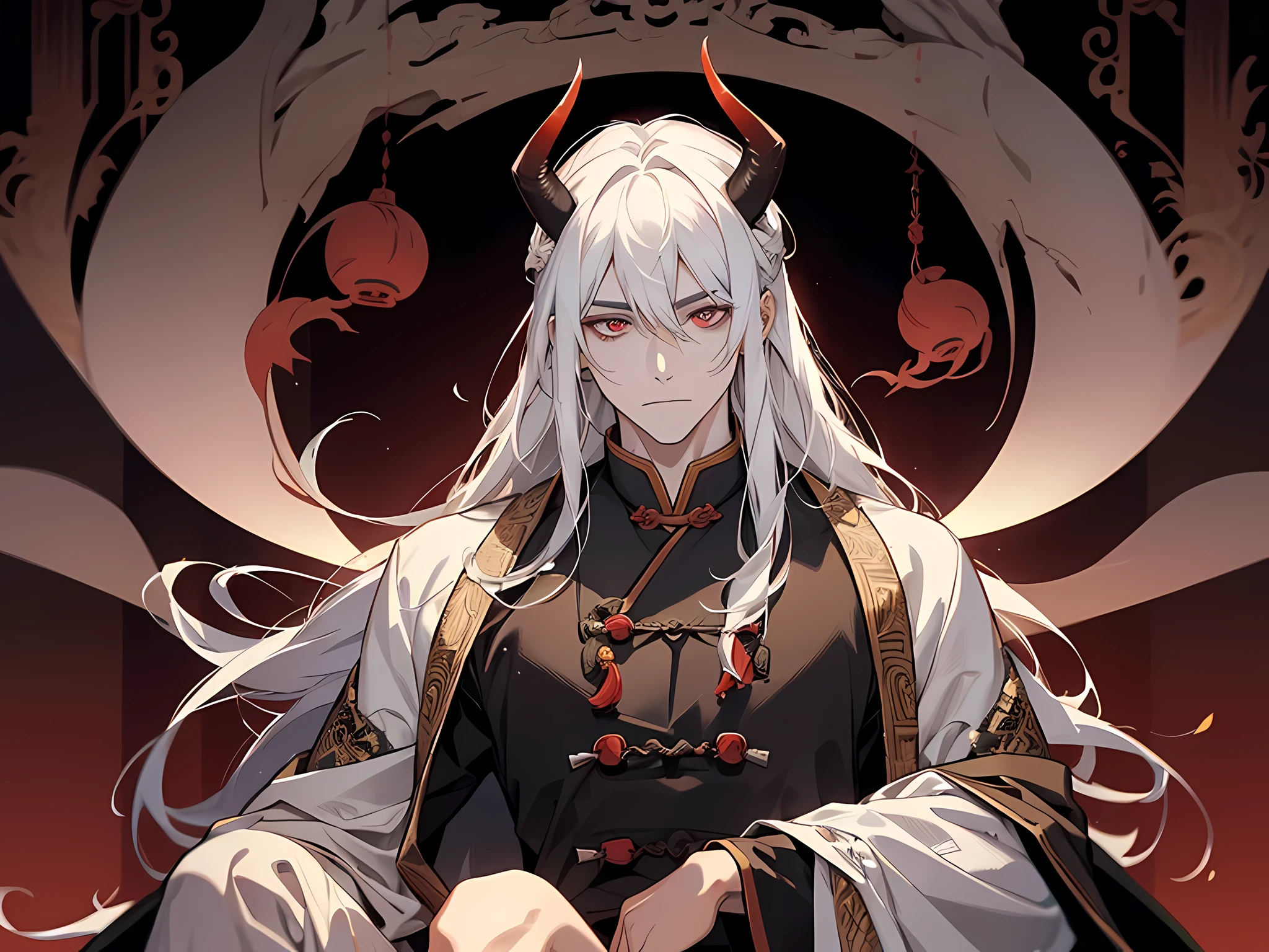 1 man, demon lord, demon horns, wearing qin dynasty outfit, white hair, long hair, face to detail, detailed eyes, the background is demon lord throne