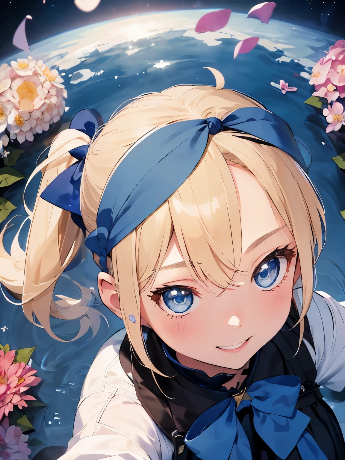 character//1 girl,(blonde),(Side ponytail from around the temporal lobe:1.3),((big blue ribbon in knot:1.2)),(Stardust phenomenon from faint hair),(Tsundere),((A confident and confident smile)),BREAK//((Blue eyes that shine like jewels)),((Just a little bit of a gal:1.2)),((american girl)),((Angle from directly above:1.3)),((Raise both arms and reach out to me:1.4)),((lots of flowers and petals:1.2)),((blessing light and bell)),((look up:1.3))