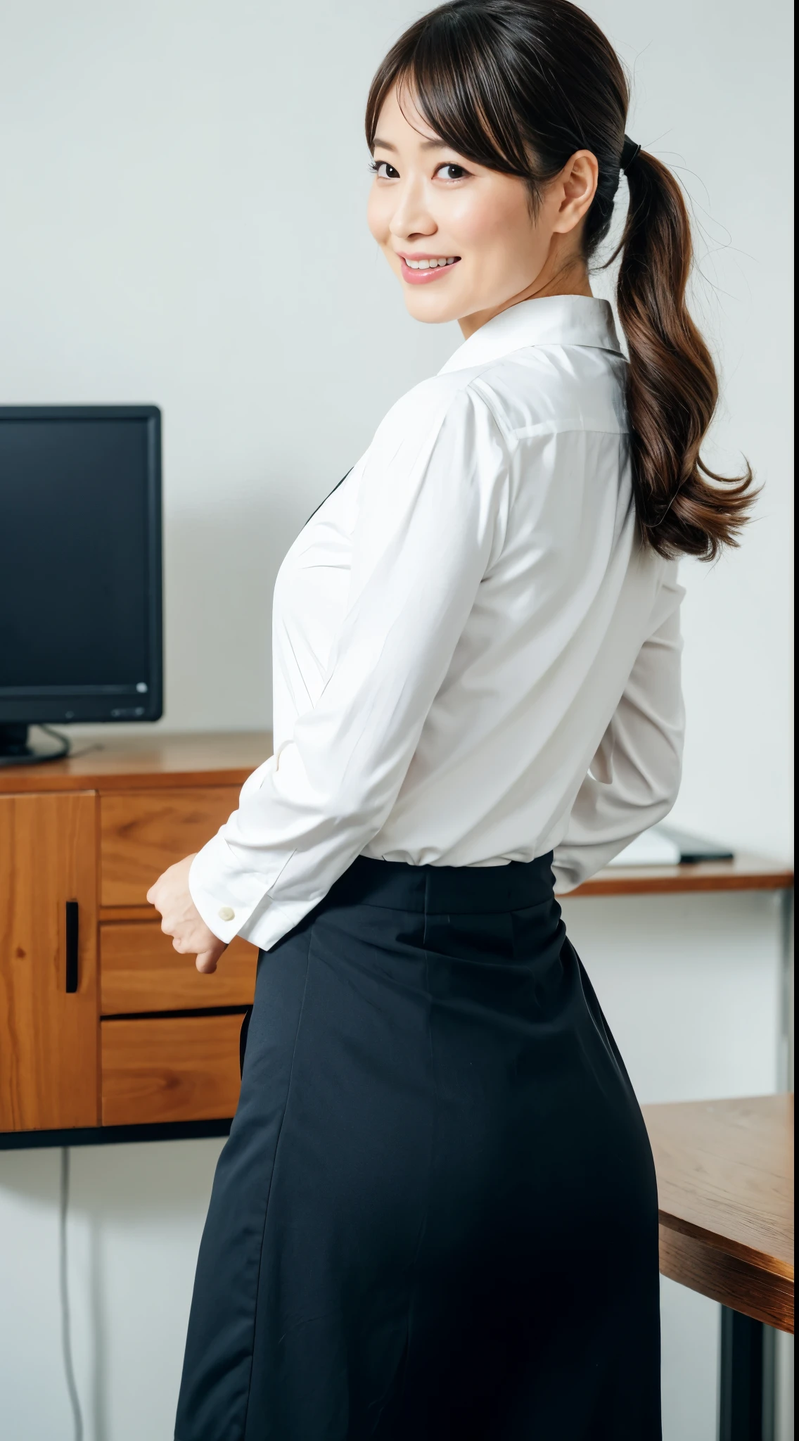 (Best quality, 8k, 32k, Masterpiece, UHD:1.2), from behind, 1 walking girl, beautiy Japanese office lady, (smile:0.5), (looking at the the viewer), 30 years old, bit chubby, white shirt, black skirt, office room, desk, (small breasts, buttocks:1.2), detailed beautiful face, wavy pony-tail hair, from below,