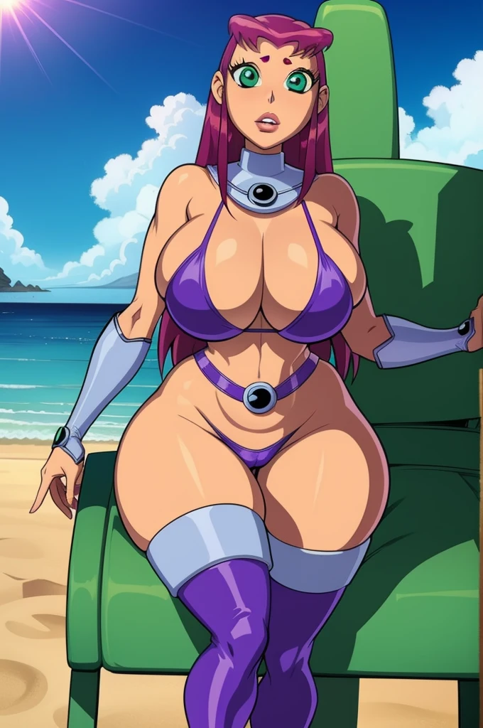 High resolution, titans art style, Starfire, anime, masterpiece, 1girl, ((bimbo))), puffy lips, painted lips, thick lips, wide hips, thick thighs, huge ass, Lust desire face, huge huge natural breasts, on te beach, brazilian beach