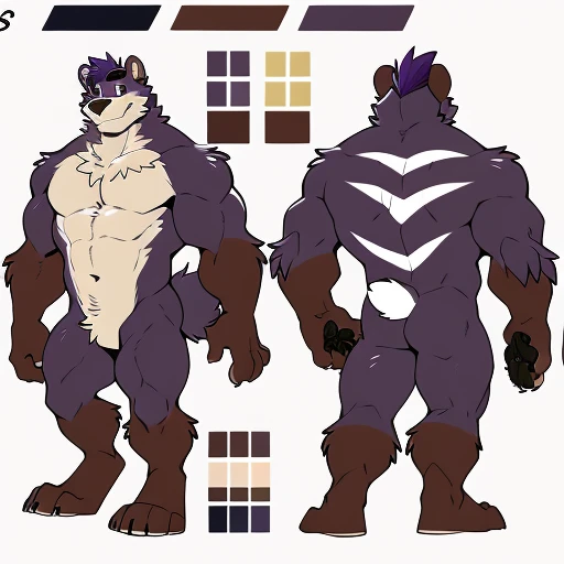 by takemoto arashi, ((full body)), (1boy), solo, (((character sheet, full body))), white background, male anthro, kemono, (lavender bear), short purple and white Mohawk, dark purple shins, dark purple, dark purple arms, (((dark purple biceps))), (tan torso), dark stripes around chest, one dark purple stripe on back, (white stripes on legs), (((tan fingers))), ((round face, large head)), round ears, naked, hot body, stocky, short stature, chubby, huge gut, giant muscle-gut, muscle, hunk, sexy, bara, handsome boy, (masterpiece, high res, best quality), 4k, soft skin, (warm color),  one hand grabbing chest, one hand squeezing pec very hard，Physical man，hairy paws hairy paws, furry paw, professional furry drawing, fur covered legs, naked, nude, nakedness, small bulge, fluffy tail