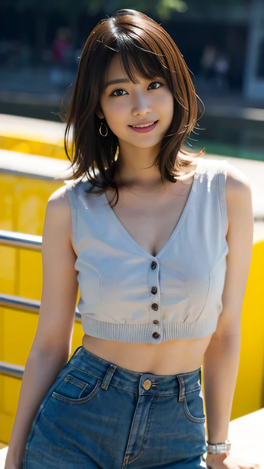 face and body facing toward the viewer、Navy plaid pleated mini skirt、Plump high school girl、(white sleeveless blouse)、、Cute 18 years old、((masterpiece、Highest image quality))、Ultra-fine illustration、1 girl、(Plump:1.0)、wavy hair、apricot colored hair、short bob hair、pin the bangs back、earrings、shiny skin、(Glitter pupil:1.2)、blue eyes、(make:1.0)、(lips:1.1)、(cowboy shot:1.2)、cute smile、(body facing towards the viewer)、cleavage、Navel exposure、
