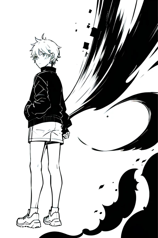 omori artstyle, dark skin, drawing, omori, middle part, bomber jacket, white background, boy, sketch, standing, looking back at viewer, black paint in background