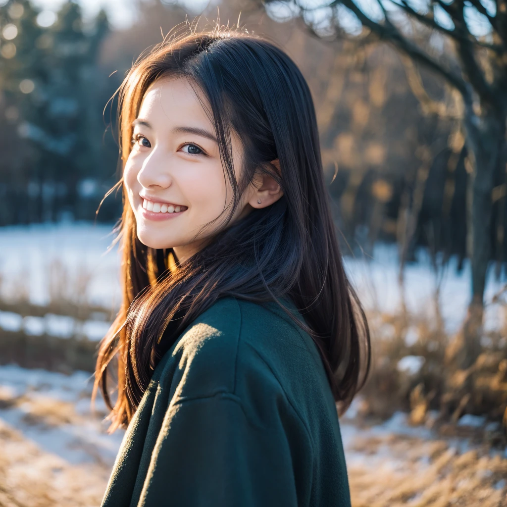 Photoreal, 8k Full Length Portrait, Beautiful woman, Smiling profile, I'm 29 years old, rural area, winter, The background is a park,It's a walk