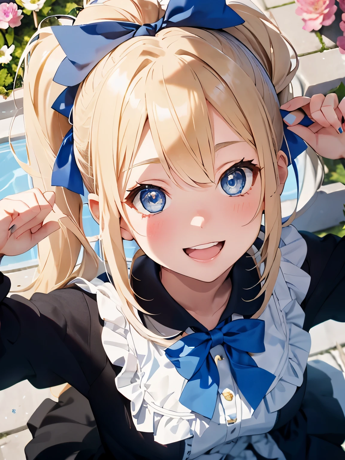 character//1 girl,(blonde),(Side ponytail from around the temporal lobe:1.3),((big blue ribbon in knot:1.2)),(Stardust phenomenon from faint hair),(Tsundere),((A confident and confident smile)),BREAK//((Blue eyes that shine like jewels)),((Just a little bit of a gal:1.2)),((american girl)),((Angle from directly above:1.3)),((Raise both arms and reach out to me:1.4)),((lots of flowers and petals:1.2)),((blessing light and bell)),((look up:1.3))