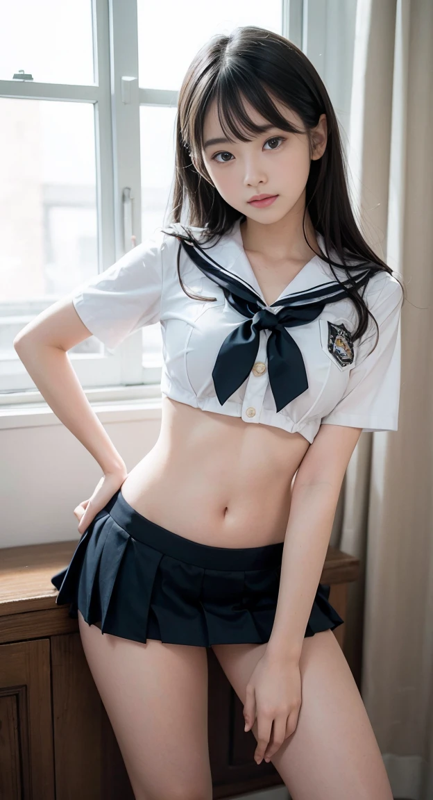 highest quality,super detailed,masterpiece,realistic,Photoreal,bright lighting,1 clove of garlic:1.2), body full、The upper uniform is torn and the bra is visible.、Sexy、the skirt flaps、cute下着、Uniform torn、cute、angle from below、skinny、、very beautiful  girl, (cute:1.2),A bright smile, black eye,Short, trimmed black hair,beaver、,(bangs),perfect shiny skin,perfect skin,((erotic,Sexy)), small breasts,big breasts thin waist, look at the audience,sailor suit,high school uniform:1.2、short sleeve,tie,increase,socks、thin thighs、(loafer shoes), daytime,increase