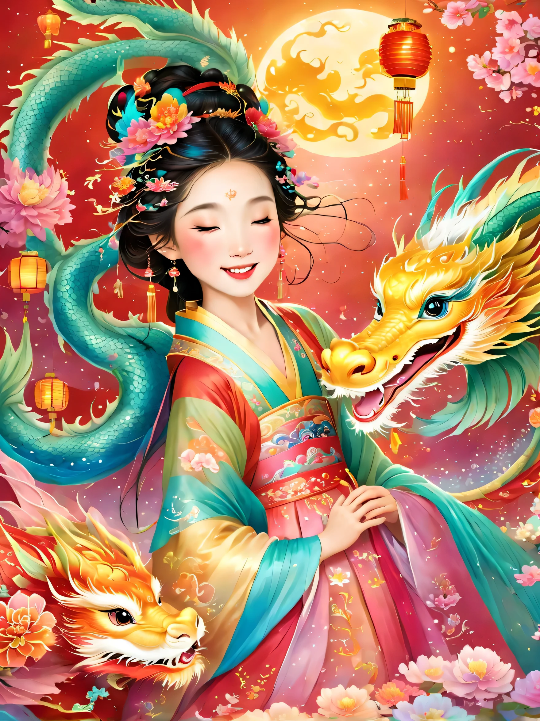 happy and festive scene,Cute and lively five year old ancient Chinese princess hugging furry stuffed toy, little dragon in chinese mythology. Both fell asleep peacefully. Festive decorations enhance the background, Such as lanterns, Colorful banners, and traditional Chinese patterns, Symbolizes festivity and happiness. This scene, Rich in ancient Chinese cultural elements, Capture the feeling of joy and festivals, Make the moments between princess and dragon even more adorable and magical, (floral watercolor painting:1.5), (Ultra-high saturation, The colors are bright and vivid: 1.5), (National Science Foundation), (for the audience: 1.5)