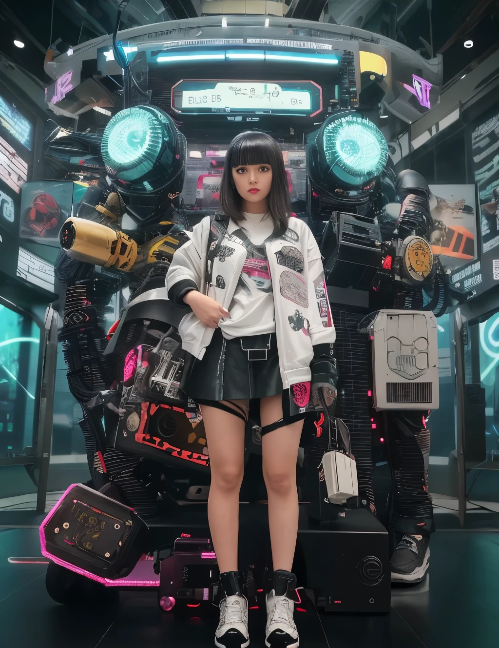 Ms Alafid stands in front of a giant robot made of electronics, Anime mixed organically, cyberpunk streetwear, wearing cyberpunk streetwear, cyberpunk fashion clothing, fashion cyberpunk mechanoid, biopunk futuristic wardrobe, deep sea cyberpunk, cyberpunk fashion, girl, cyberpunk style, cyberpunk fashion clothes, Digital Cyberpunk Anime Art, Digital Cyberpunk - Animation Art, cyberpunk clothing