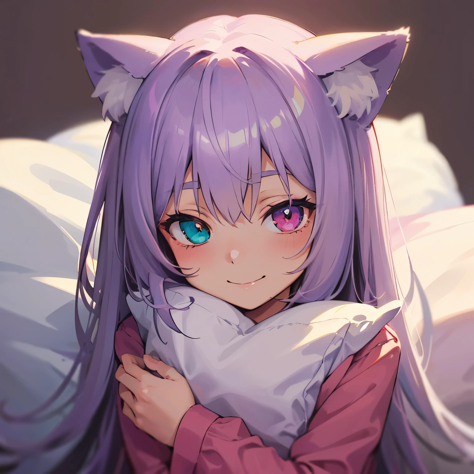 close-up portrait of ((solo catgirl)) hugging a pillow, light violet hair, nekomimi, simple plain background, innocent smile, pajamas, masterpiece, heterochromia, polychromia