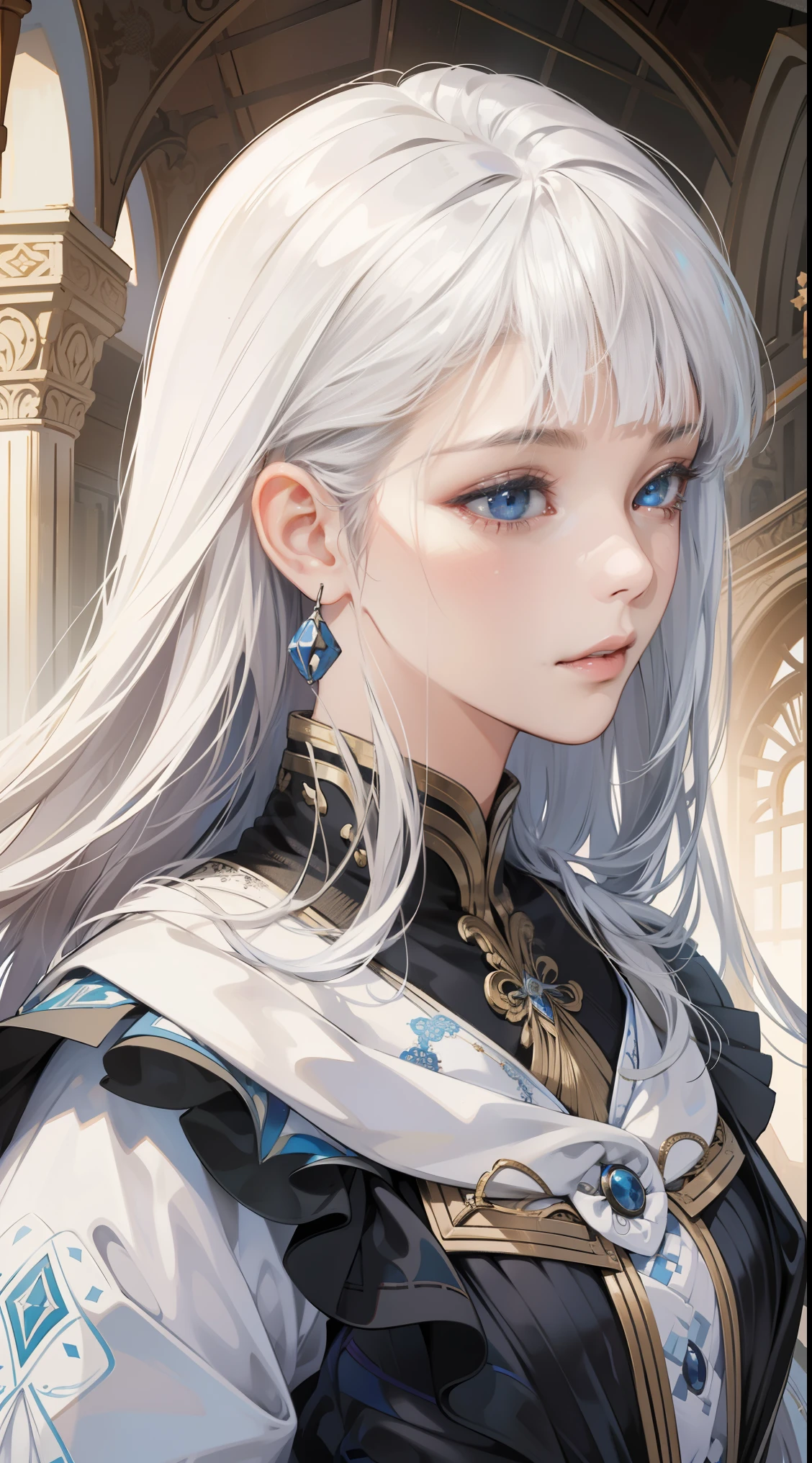 8K,(ridiculous, high resolution, Super detailed), portrait,1 girl,adult, white hair, long hair, blunt bangs, blue eyes, skirt, long sleeves, Detailed eyes and detailed face, intricate details, BREAK mosaic art, Small, Colored tickets, complex patterns, Tile design, Durable surface, TechniquesBREAK Macro Photography, Extreme close-up, intricate details, enlarged texture, Amazing clarity, Hidden beauty, Immersive perspectiveBREAK , Create by hand, Handmade products, unique design, intricate details, Creative expression, exquisite craftsmanship