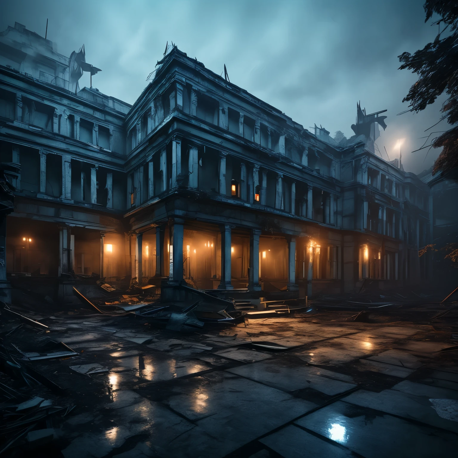 best quality, 3D, dark fantasy, horror, gloomy abandoned hospital, white haze, blue sparks, human anatomy diagram, image processing with mysterious effects