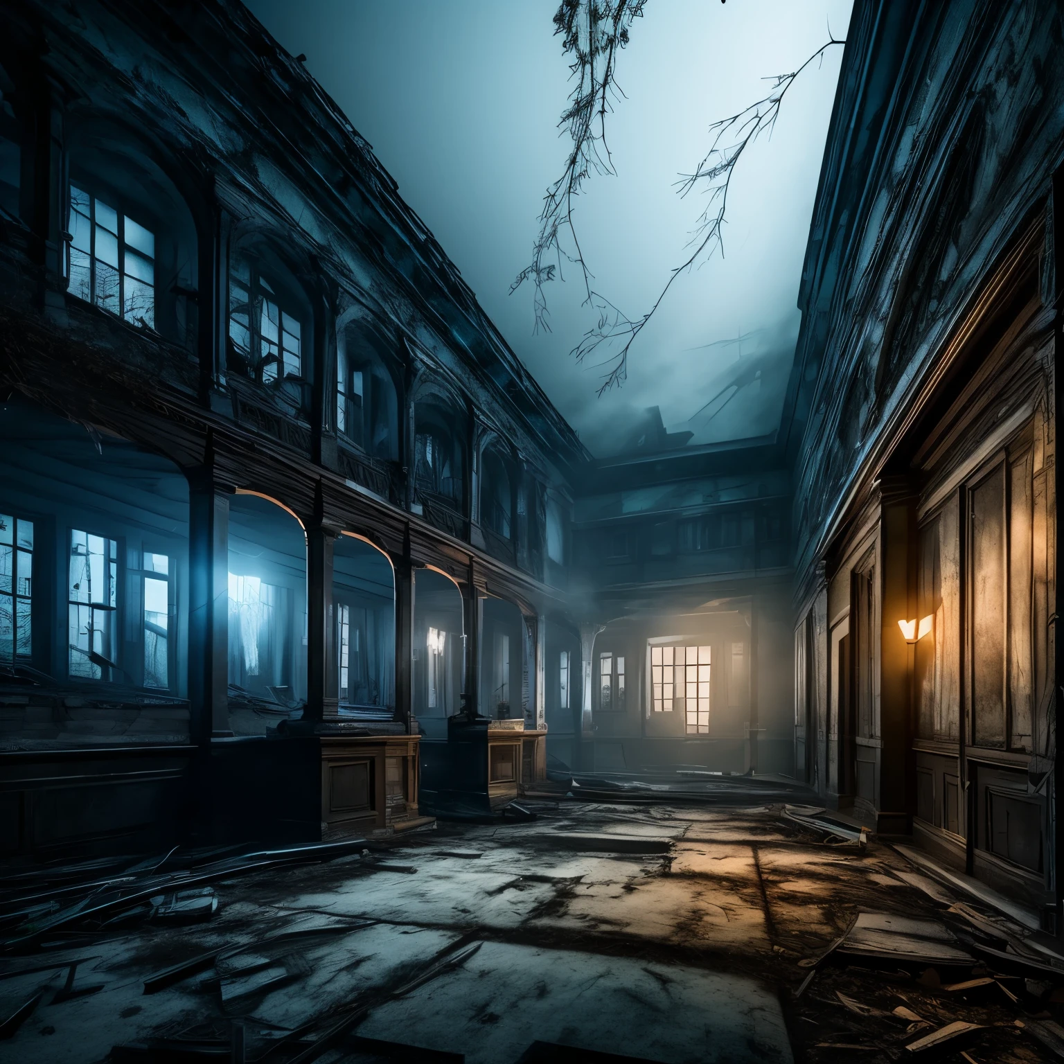 best quality, 3D, dark fantasy, horror, gloomy abandoned hospital, white haze, blue sparks, human anatomy diagram, image processing with mysterious effects