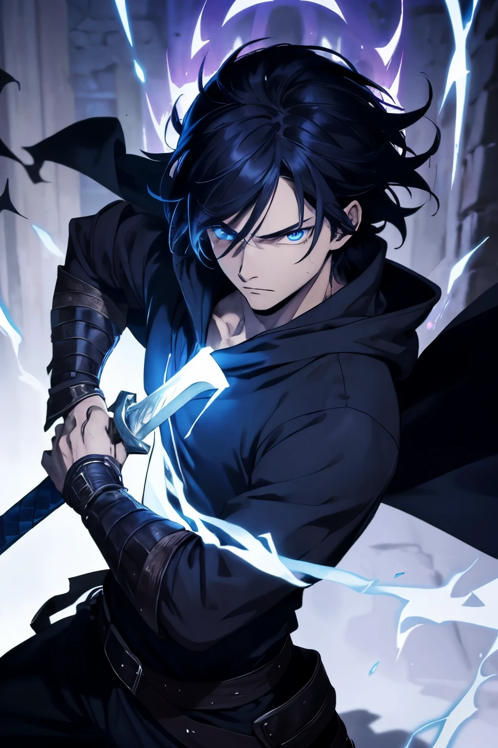 (extremely detailed 8k wallpaper), a medium shot of a fearful young rogue, male, male focus, black hair, blue eyes, black clothing, hooded, medieval, intricate, high detail, with a shadow blade in his hand with purple fire