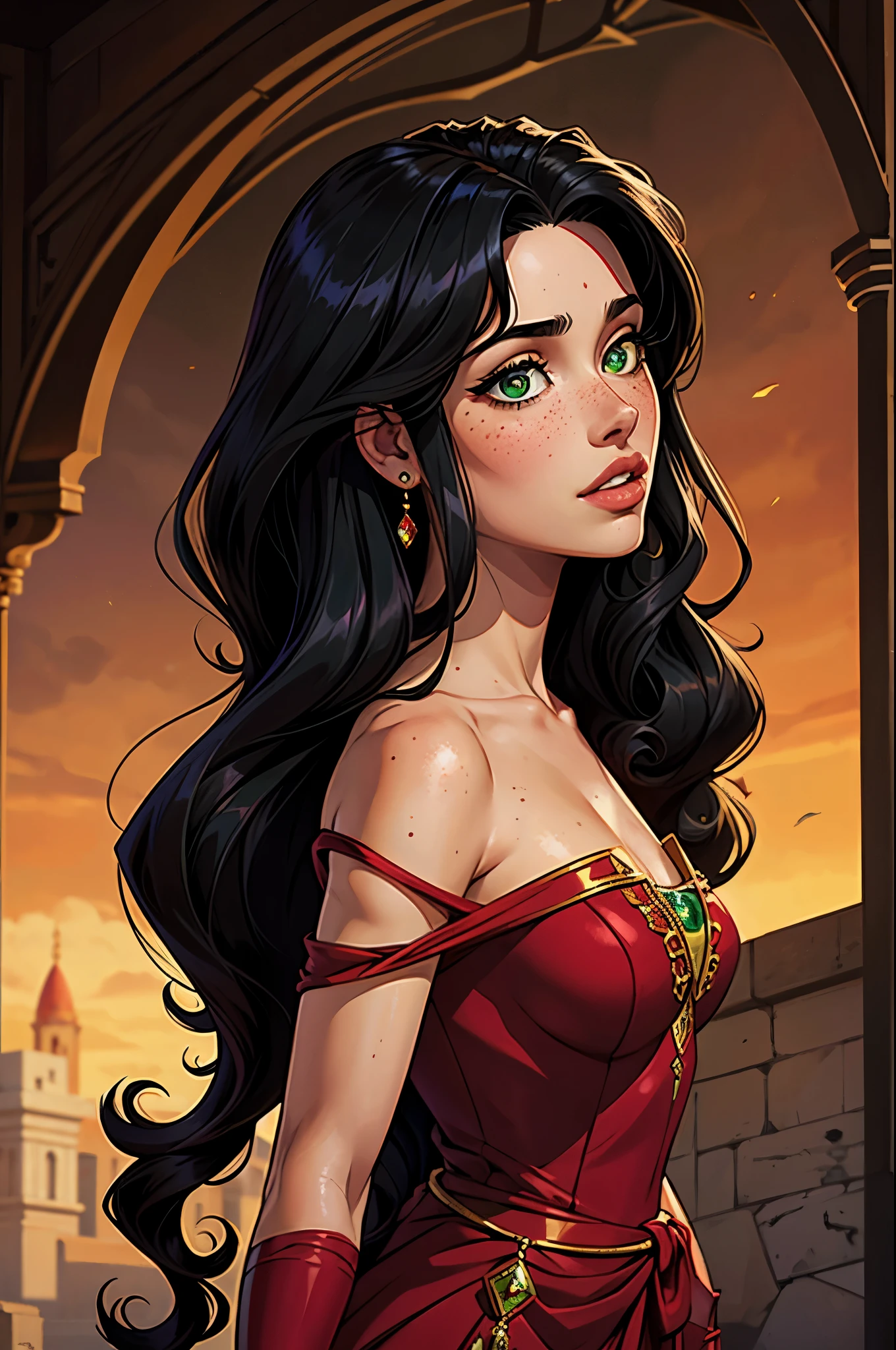 princesa, black curly hair with fringe, retarto, pecas, garnet dress, green eyes