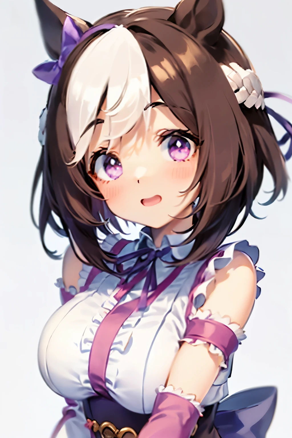 special_week_\(Umamusume)、bow ribbon、bow ribbon、bow ribbon、corsets、Fluffy breasts、nursing、toppless、teats、The upper part of the body、(Refers to the viewer:1.3)、Happiness、(White background:1.5)、(front-facing view:1.3)