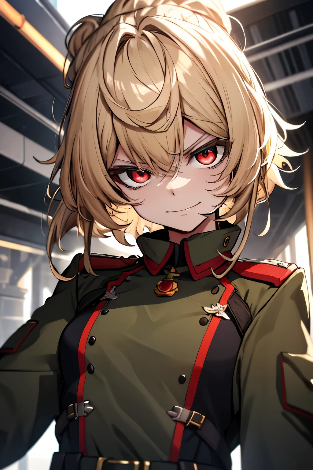 (masterpiece, best quality: 1.1), 1girl solo, tanya, 1girl, solo, , flat chest, small breasts, curvy, military, military uniform, ,, evil smile, wicked expression, anger, red eyes, neutral lighting