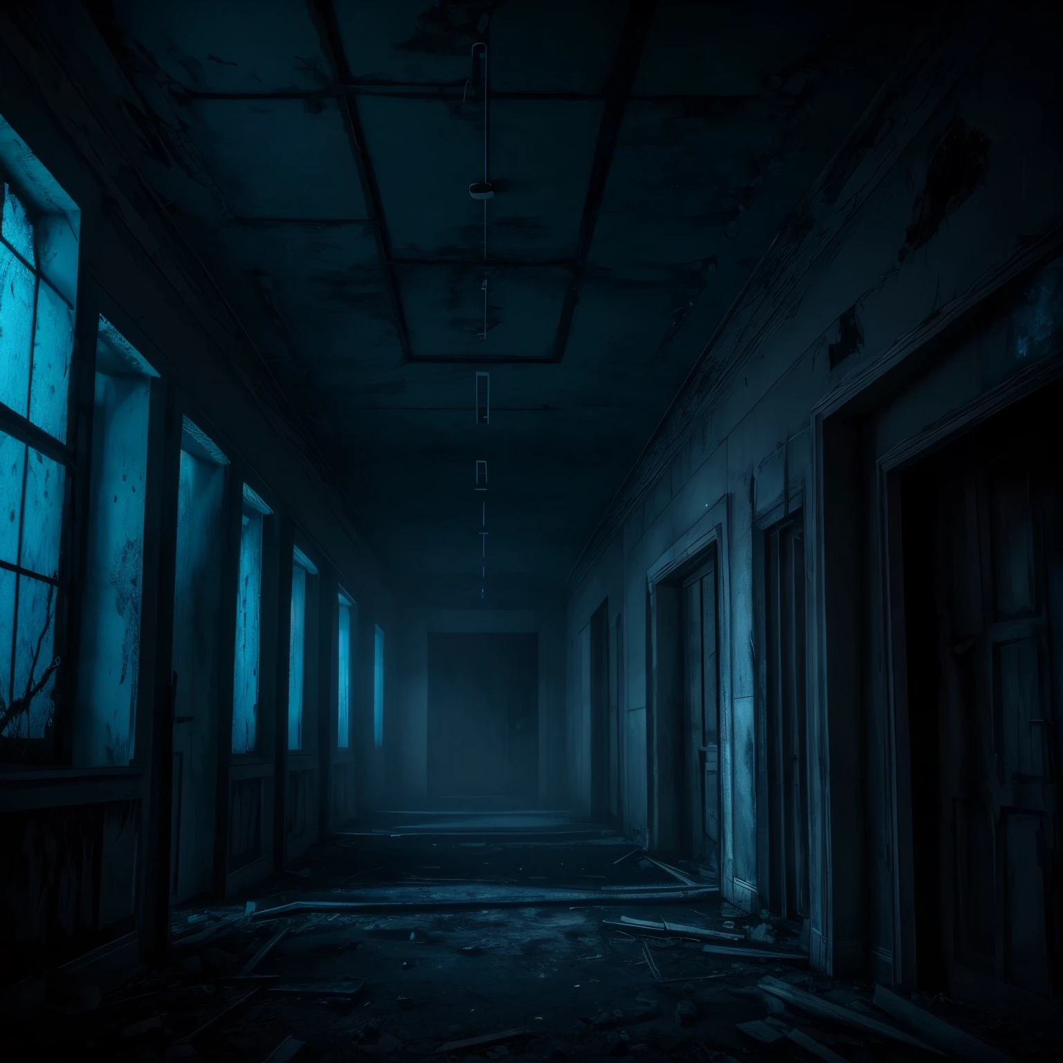 best quality, 3D, dark fantasy, horror, gloomy abandoned hospital, white haze, blue sparks, human anatomy diagram, image processing with mysterious effects