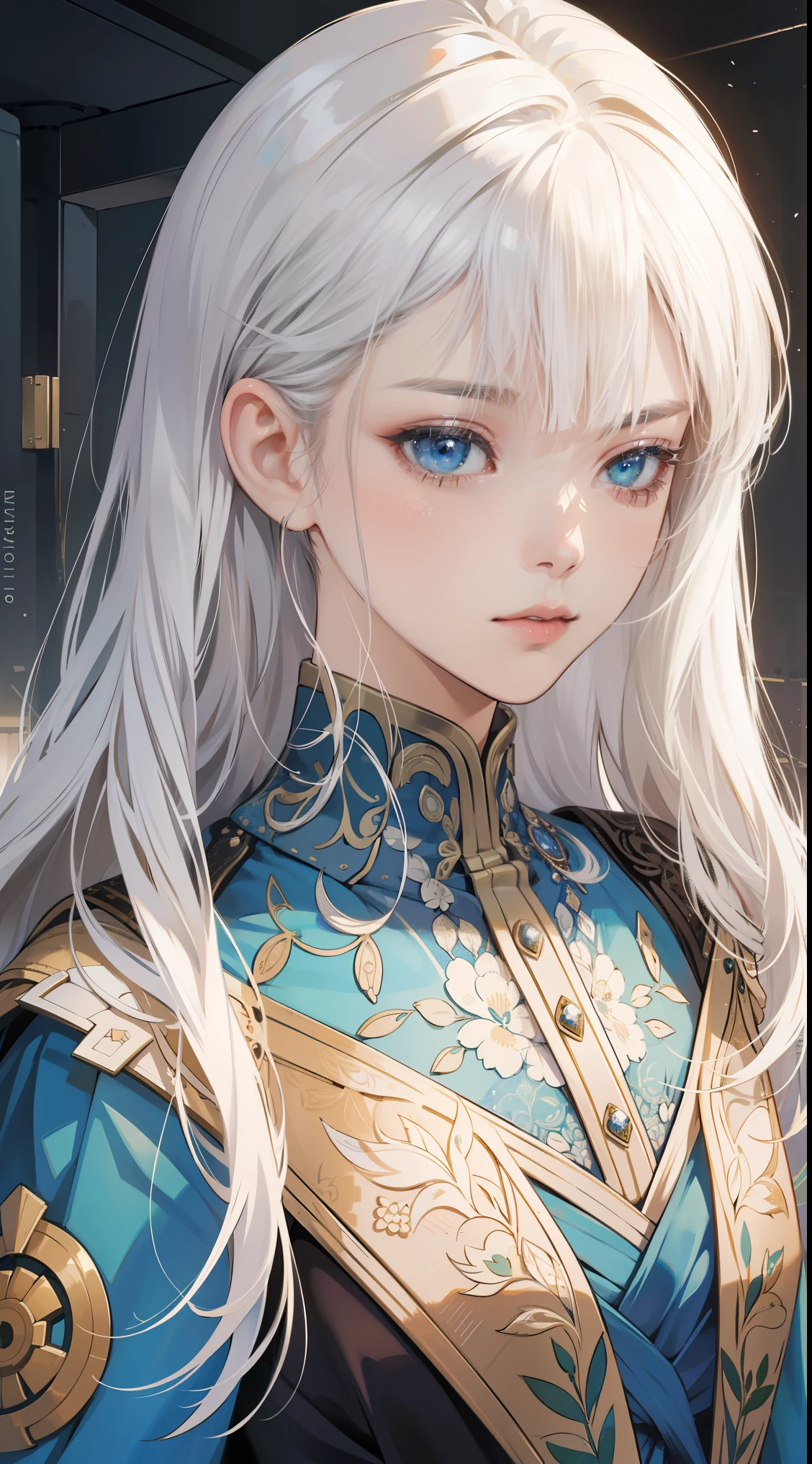 8K，(ridiculous, high resolution, Super detailed), portrait，1 girl, adult, white hair, long hair, blunt bangs, blue eyes, skirt, long sleeves, Detailed eyes and detailed face, intricate details, BREAK mosaic art, Small, Colored tickets, complex patterns, Tile design, Durable surface, TechniquesBREAK Macro Photography, Extreme close-up, intricate details, enlarged texture, Amazing clarity, Hidden beauty, Immersive perspectiveBREAK , Create by hand, Handmade products, unique design, intricate details, Creative expression, exquisite craftsmanship