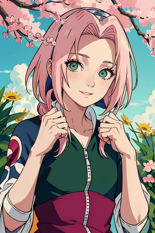 obra-prima, The best quality at best, 1 , Sakura Haruno, seios grandes,Roupas fora do ombro,(decote),(Close-up da parte superior do corpo),Criado sexy,is shy,sorriso,com cabelo rosa, long whitish hair, (Globos oculares verdes:1.4), Forehead Protection, As cerejeiras,flores de cerejeira voando,roupas vermelhas,half zipper
