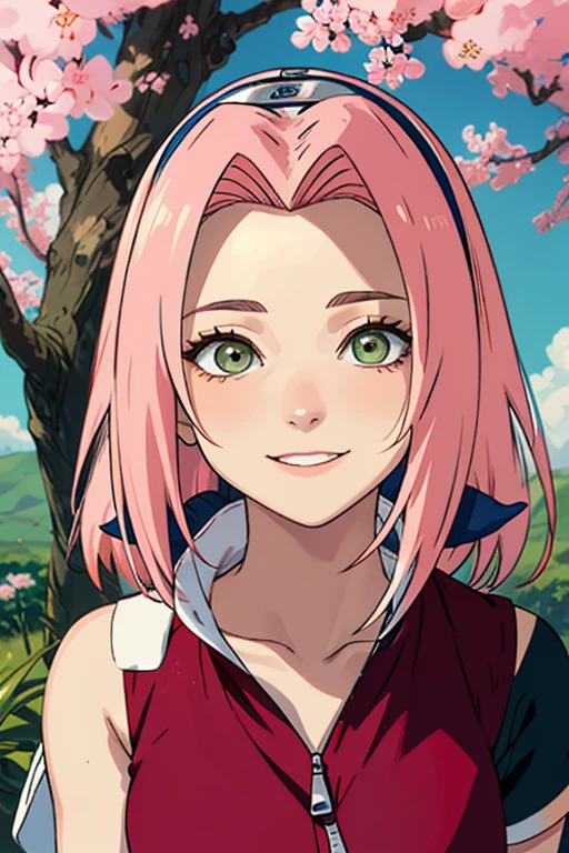obra-prima, The best quality at best, 1 , Sakura Haruno, seios grandes,Roupas fora do ombro,(decote),(Close-up da parte superior do corpo),Criado sexy,is shy,sorriso,com cabelo rosa, long whitish hair, (Globos oculares verdes:1.4), Forehead Protection, As cerejeiras,flores de cerejeira voando,roupas vermelhas,half zipper