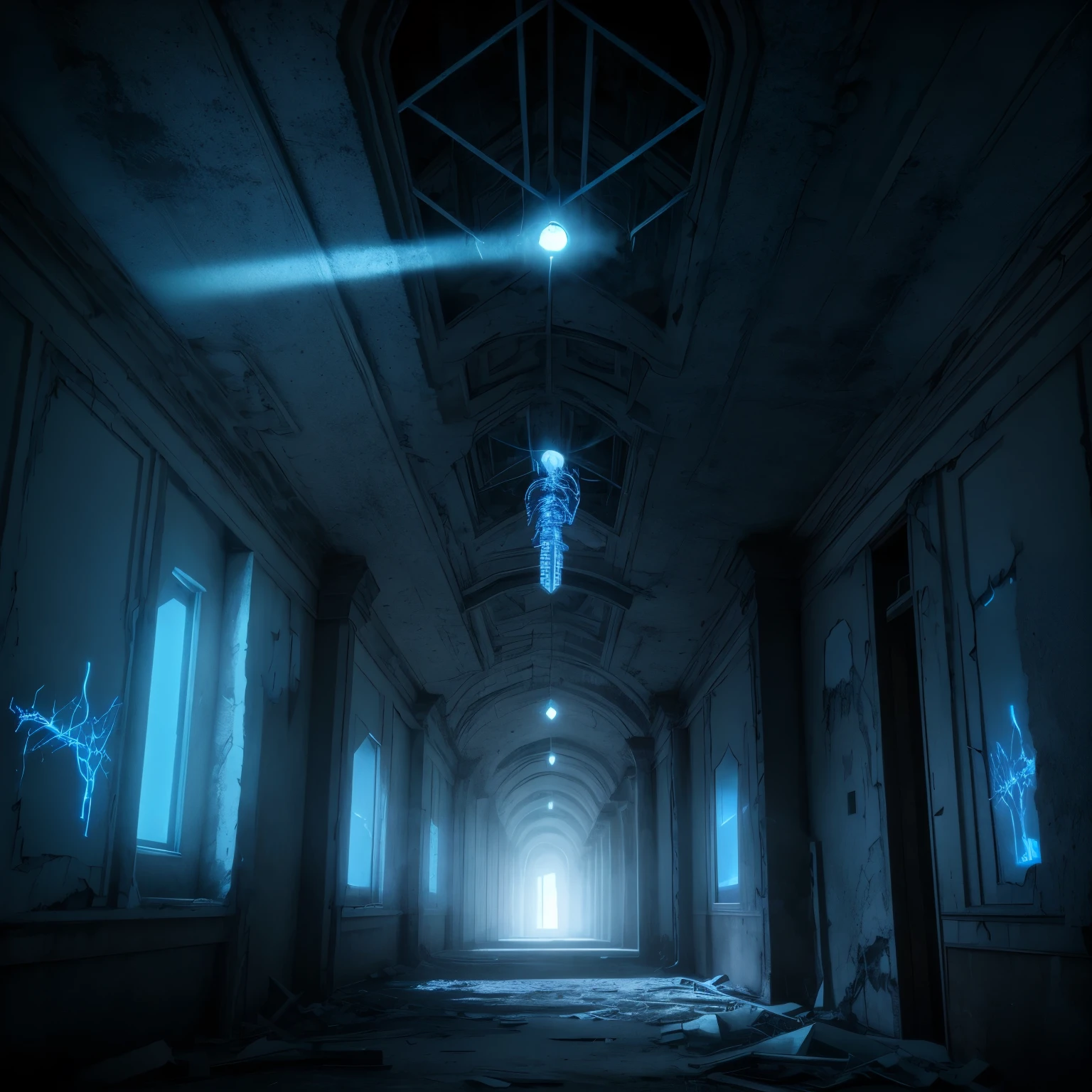 best quality, 3D, dark fantasy, horror, gloomy abandoned hospital, white haze, blue sparks, human anatomy diagram, image processing with mysterious effects