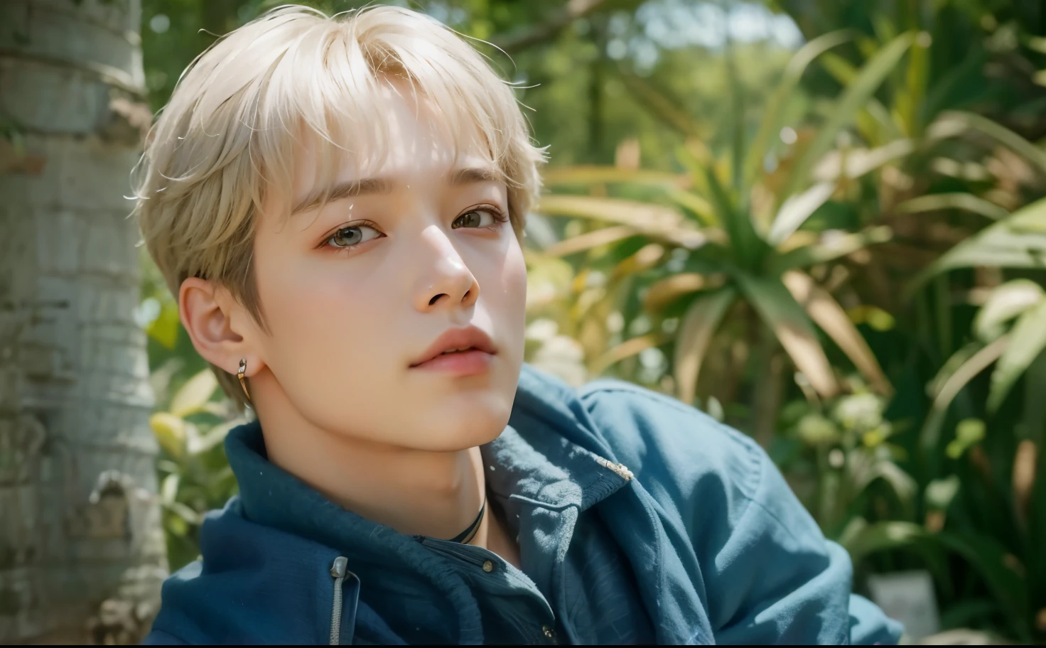 a closeup of a person sitting in front of a tree, Jung Jaehyun, Jimin, cai xukun, park Jimin, hyung tae, marca lee, Jimin\his right eyelid is swollen, Jimin\los labios carnosos, todos del grupo nct, Jimin\la nariz griega, kim doyoung, TaeJune Kim, key still, foto de perfil en la cabeza