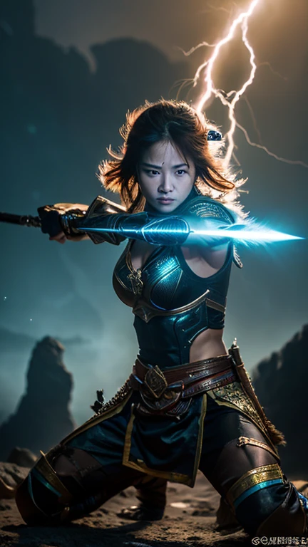 A female warrior  in an action pose, wielding a sword with skill and precision. The warrior is adorned in armor that is inscribed with glowing ancient scripts, illuminating the dark and stormy atmosphere around them. Lightning strikes illuminate the scene, highlighting the intense expression and determination of the warrior as they prepare to face an unseen adversary.