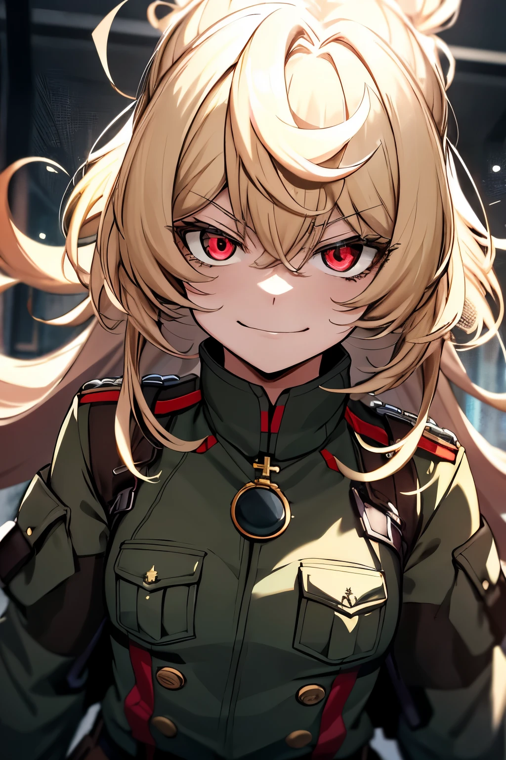 (masterpiece, best quality: 1.1), 1girl solo, tanya, 1girl, solo, , flat chest, small breasts, curvy, military, military uniform, ,, evil smile, wicked expression, anger, red eyes, neutral lighting