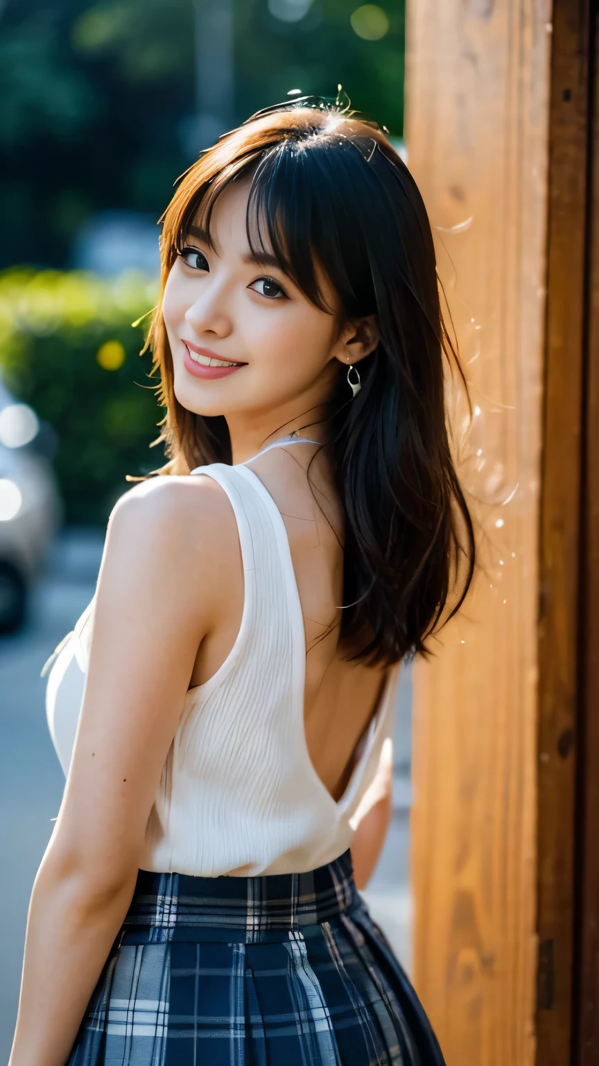 face and body facing towards the viewer、(navy plaid(pleated mini skirt))、Plump high school girl、(short white sleeveless blouse)、Button dislodged、Cute 18 years old、((masterpiece、Highest image quality))、Ultra-fine illustration、1 girl、(Plump:1.0)、wavy hair、apricot colored hair、short bob hair、pin the bangs back、earrings、shiny skin、(Glitter pupil:1.2)、blue eyes、(make:1.0)、(lips:1.1)、(cowboy shot:1.2)、cute smile、(body facing towards the viewer)、cleavage、Navel exposure、Stand up straight、Ahegao、