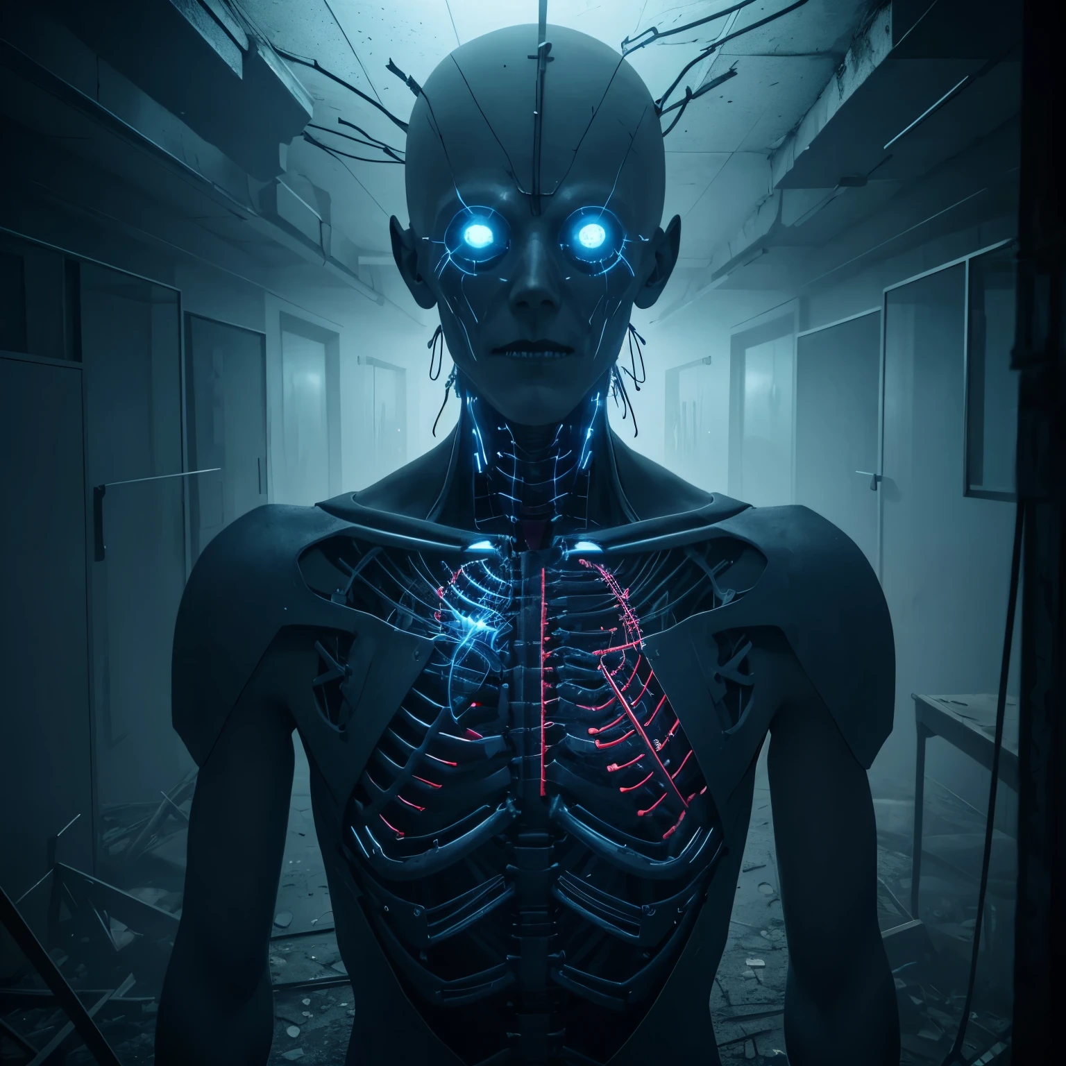 best quality, 3D, dark fantasy, horror, gloomy abandoned hospital, white haze, blue sparks, human anatomy diagram, image processing with mysterious effects